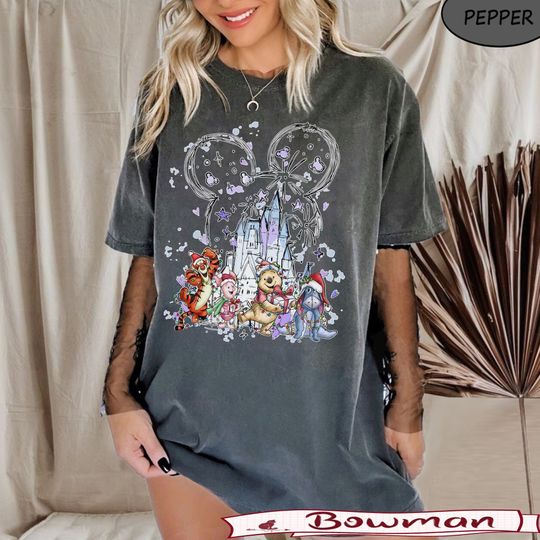 BM Vintage Disney Winnie The Pooh Christmas Shirt, Pooh Eeyore Tigger Piglet Christmas Castle