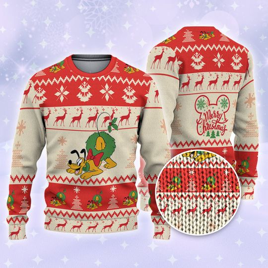 Disney Christmas Pluto Xmas Pine Trees Reindeer Red Ugly Sweater