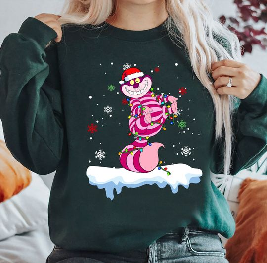 Disney Santa Cheshire Cat Christmas Lights , Alice in Wonderland Snow Christmas Sweatshirts