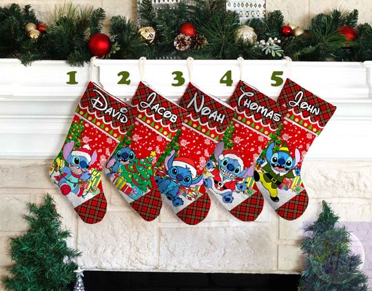 Personalized Stitch Christmas Stockings, Buffalo Plaid Disney Christmas Stocking