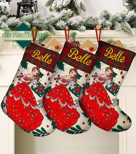 Personalized Belle Princess Christmas Stocking, Disney Princess Stocking