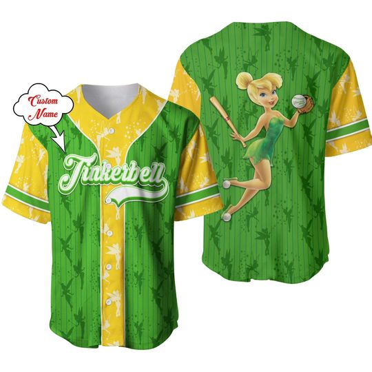 Tinker Bell Dark Green Yellow Patterns | Disney Baseball Jersey Personalized, Custom Disney Shirts, Custom Shirt, Christmas Shirt
