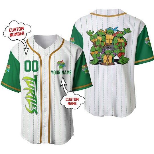 Ninja Turtle White Dark Kelly Green Disney Cartoon Baseball Jersey, Custom Disney Shirts, Custom Shirt, Christmas Shirt