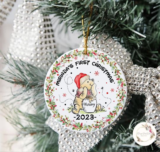 Personalized Pooh Baby First Christmas Ornament, Disney Xmas Ornament Hanging