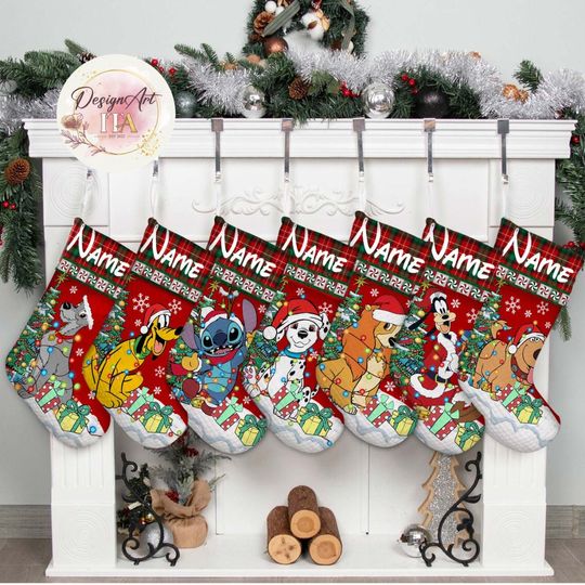 Personalized Multi-character Disney Dogs Cats Christmas Stockings, Stitch Lady & the Tramp