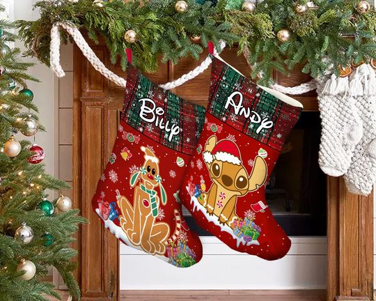 Custom Name Disney Gingerbread Christmas Stocking Stitch and Pluto Stocking,