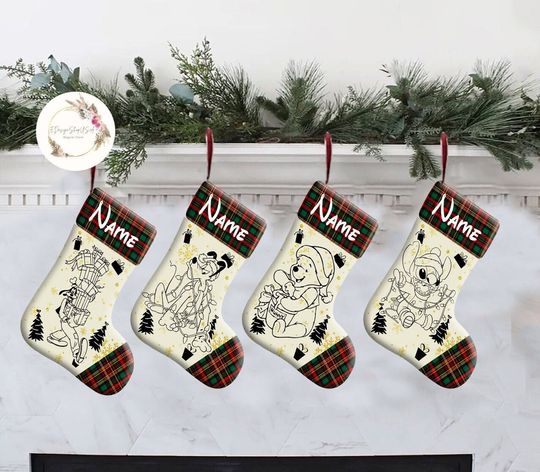 Personalized Multi-character Mickey & friends Pooh Toy story Disney Christmas Stockings, Buffalo Plaid Christmas Stockings With Name