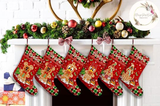 Personalized Mickey and Friends Gingerbread Disney Christmas Stockings, Red Green Plaid Family Christmas Stockings With Name Home Decoration