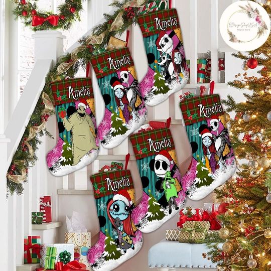 Personalized Red Plaid Disney The Nightmare Before Christmas Stockings With Name, Oogie Boogie Christmas Tree, Disney Family Christmas Gifts