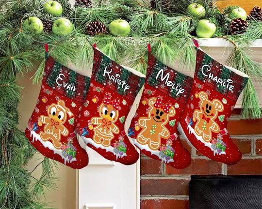 Custom Name Disney Gingerbread Christmas Stocking, Mickey With Friends