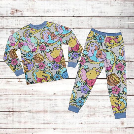Disney Pooh Pattern Raglan Pajamas Set, Cartoon Winnie The Pooh Raglan