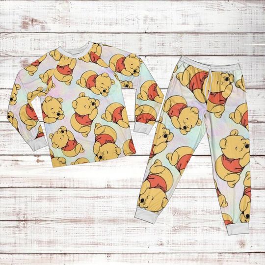 Disney Pooh Pattern Raglan Pajamas Set, Cartoon Winnie The Pooh Raglan Pajamas Set