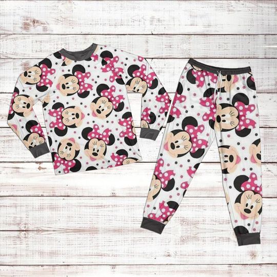 Disney Minnie Pattern Raglan Pajamas Set, Cartoon Mickey Pajamas Set
