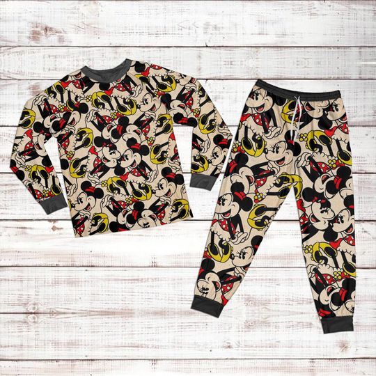 Retro Disney Minnie Pattern Raglan Pajamas Set, Family Pajamas Set
