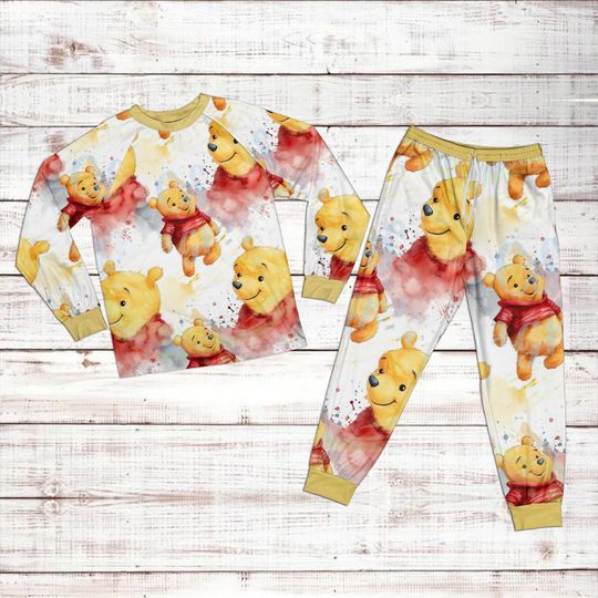 Disney Pooh Pattern Raglan Pajamas Set, Cartoon Winnie The Pooh