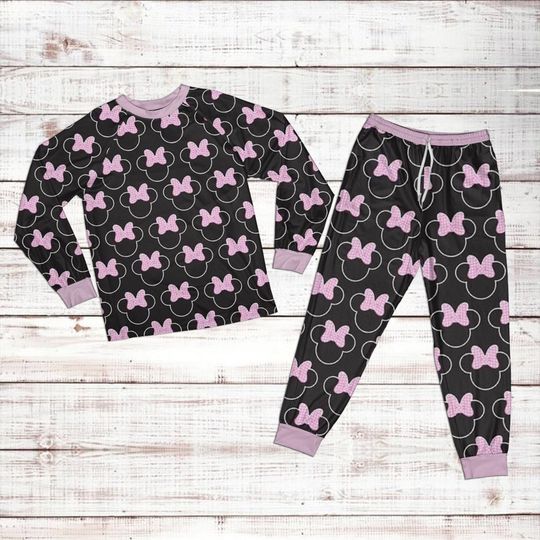 Pinky Disney Minnie Pattern Raglan Pajamas Set, Cartoon Mickey Pajamas