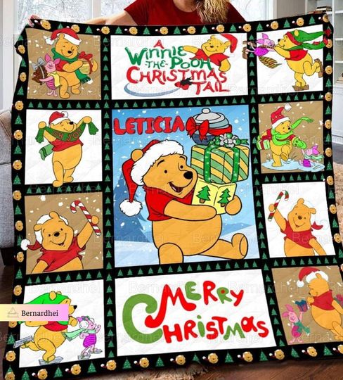 Personalized Winnie The Pooh Christmas Blanket, Disney Merry Christmas Fleece Blanket
