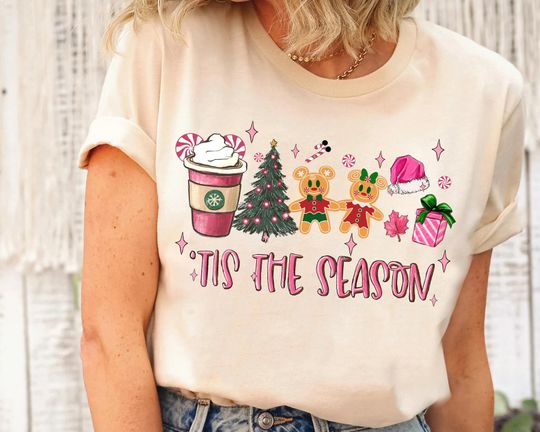 Discover Disney Mickey And Minnie Gingerbread Cookie Tis The Season Christmas Pink Tree Shirt