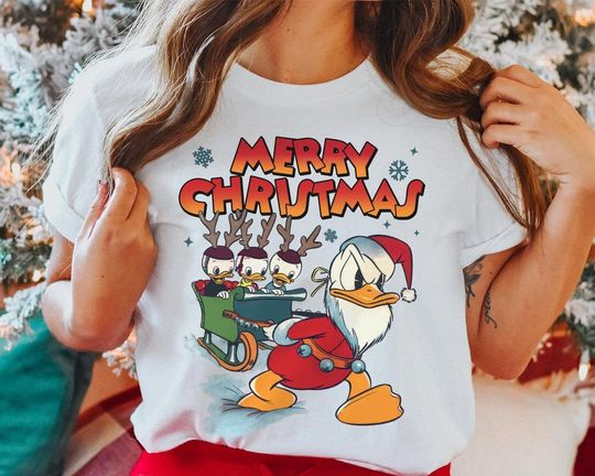 Funny Donald Duck Santa Huey, Dewey, and Louie Sleigh T-shirt Tis The Season Shirt Disneyland Xmas Trip 2023