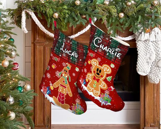 Custom Name Disney Gingerbread Christmas Stocking, Mickey and Goofy