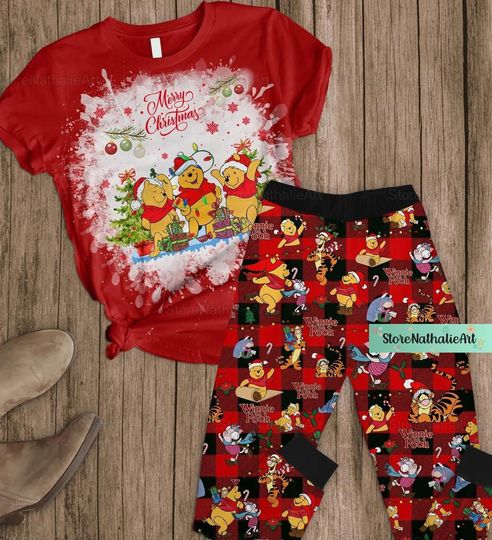 Christmas Winnie Pooh Pajamas, Pooh Bear Pajamas Pants, Pooh Bear Christmas Pajamas, Disney Pooh Holiday Pajamas