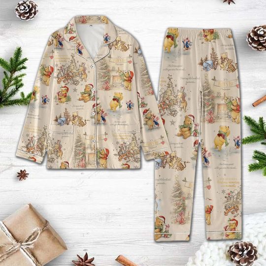 Winnie The Pooh Women Pajamas Set, Pooh Bear Christmas Pajama, Disney Pooh And Friend Christmas Thick Pajamas