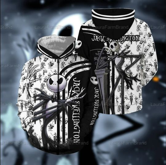 Jack Skellington Disney Hoodie, Zip 3D Hoodie