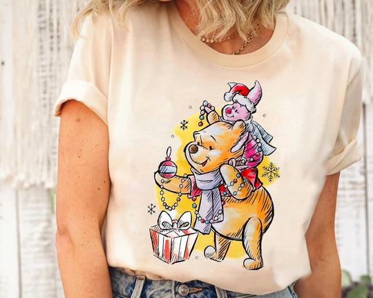Disney Winnie The Pooh And Piglet Sketch Christmas Shirt, Cute Santa Piglet and Pooh Xmas Lights Tee, Disneyland Xmas Matching Family Shirts