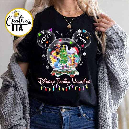 Personalized Winnie the Pooh Christmas Globe shirt, Family Christmas matching shirts, Disney world Disneyland trip