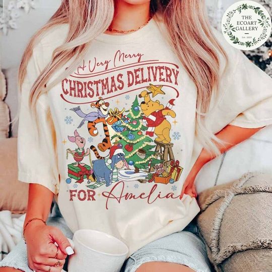 Winnie The Pooh Disney Christmas Shirt, Custom Pohh Bear A Very Merry Christmas Delivery, Disney Family Christmas Tree Shirt