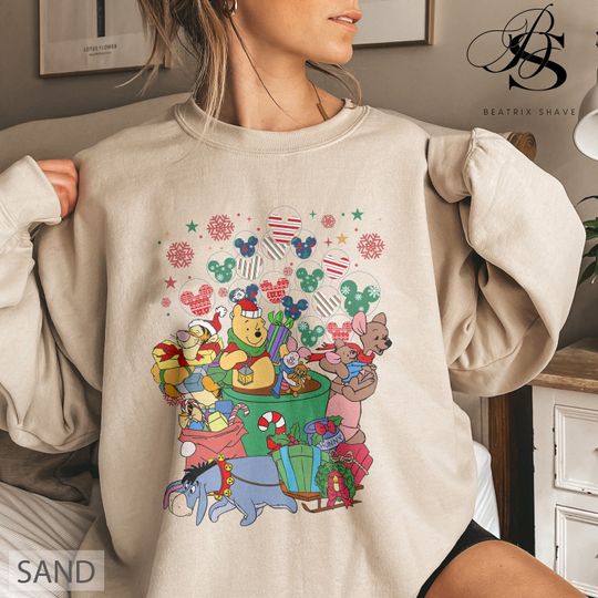 Winnie The Pooh and Friends Mickey Balloon Tea Cup Christmas Sweatshirt, Disney Pooh and Friends Tigger Piglet Eeyore Xmas Sweatshirt