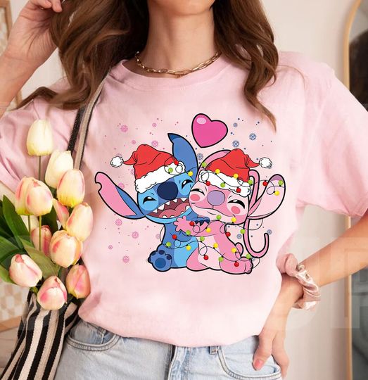 Discover Disney Stitch and Angel Christmas Lights Unisex Shirt
