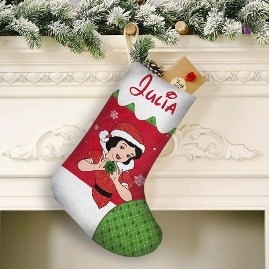 Custom Name Santa Snow White Princess Christmas Stockings, Disney Princess Christmas Stocking