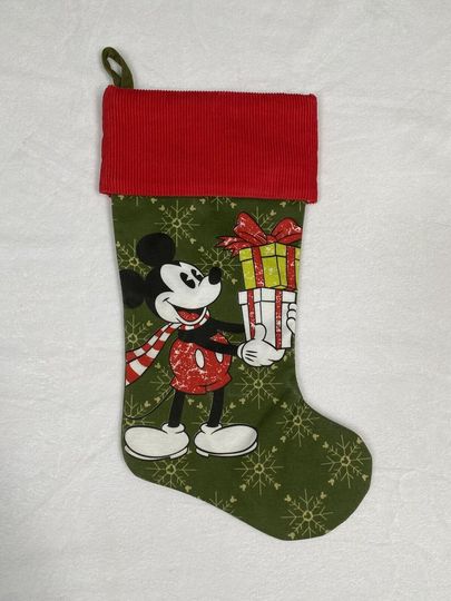 Disney Mickey Mouse Red and Olive Green Presents Christmas Stocking