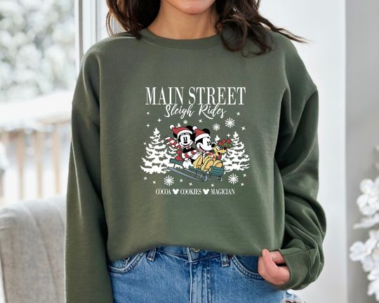 Discover Vintage Mickey Minnie Main Street Sleigh Rides Sweatshirt, Disney Christmas Sweatshirt