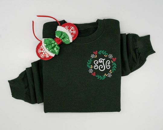 Disney Christmas Wreath Monogram embroidered Crewneck, Christmas Monogram Embroidered Sweatshirts