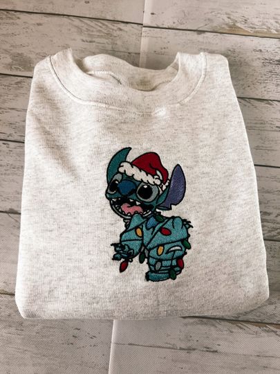 Santa Stitch with Christmas Lights Disney Embroidered Sweatshirts