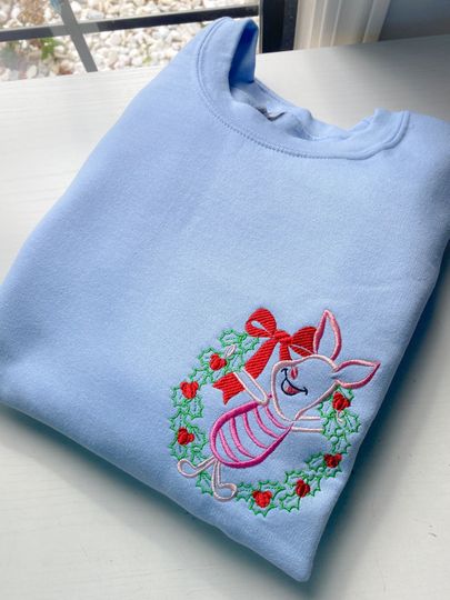 Piglet Christmas Wreath Embroidered Shirt | Disney Christmas Embroidered Sweatshirt