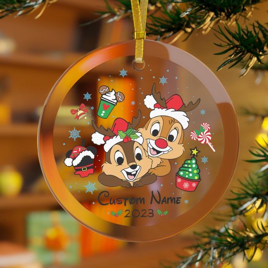 Personalized Chip and Dale Glass Ornament, Disney Christmas Glass Ornament