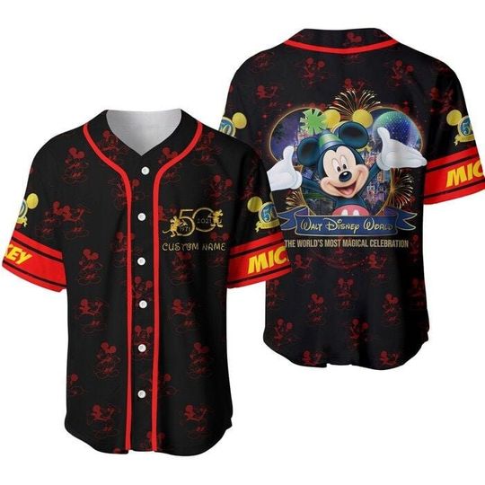 Discover Mickey Mouse Red Disney 50th Anniversary Pattern Unisex Cartoon Baseball Jersey