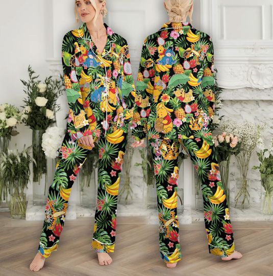 Disney Pooh Pajamas, Tropical Fruit Pajamas, Palm Leaf Winnie Pooh