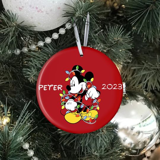 Mickey Mouse Christmas Ornament, Mickey Mouse Tangled In Christmas Lights Ornament, Disney Ornament, Ceramic Ornament