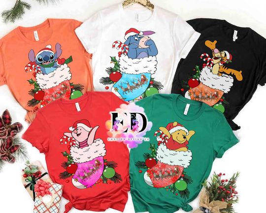 Winnie the Pooh and Friends Christmas Sock T-shirt, Disney Eeyore Piglet Tigger Xmas