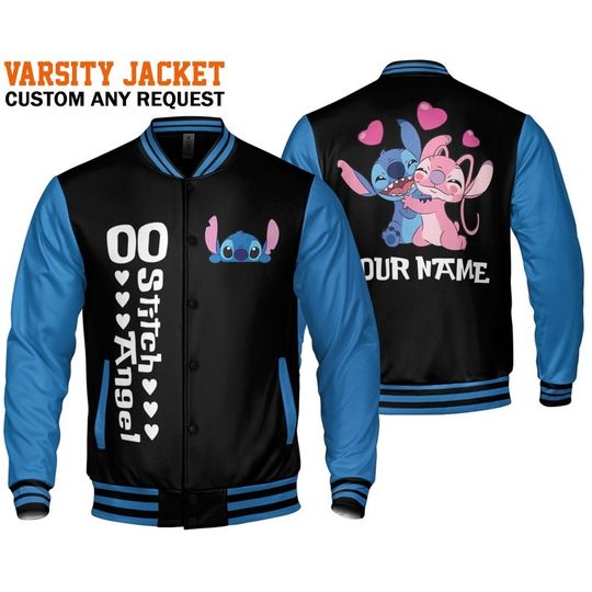 Custom Stitch and Angel Couple Stitch Baseball Jacket, Disney Stitch Varsity Jacket