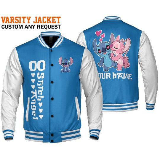 Custom Stitch and Angel Couple Blue Baseball Jacket, Disney Stitch Varsity Jacket