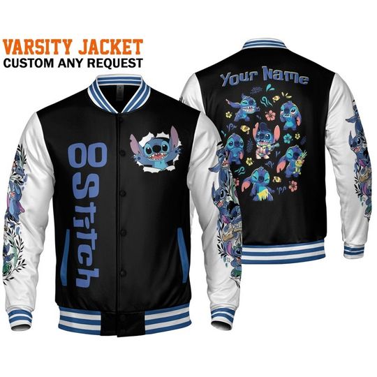 Custom Stitch Black Baseball Jacket, Disney Stitch Varsity Jacket, Gift for Disney Fans
