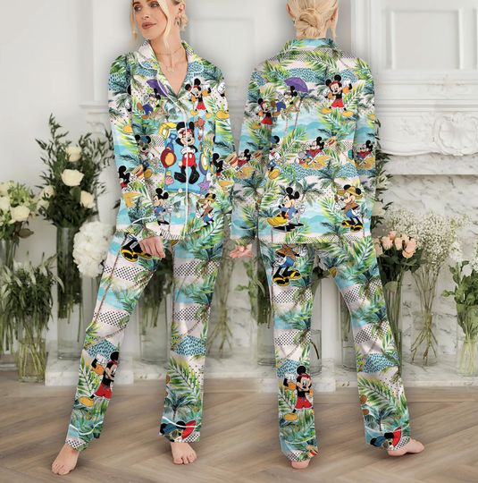Tropical Disney Mickey Pajamas Set, Beach Mickey Silk Sleepwear