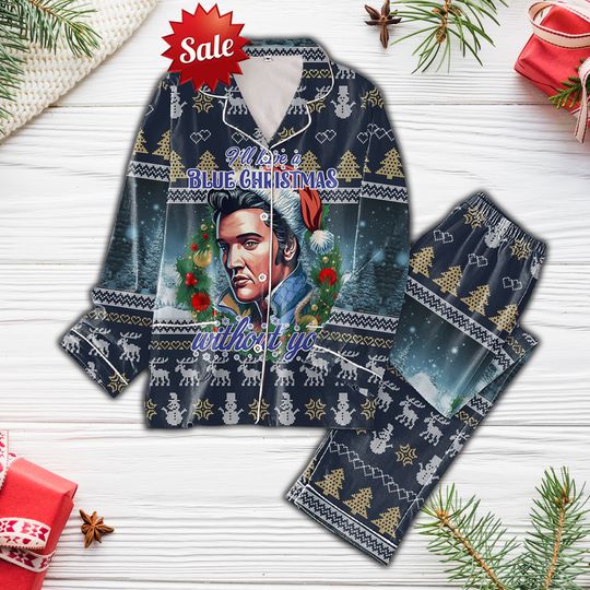 Elvis Presley Christmas Pajamas Set, Elvis Blue Christmas Pajama