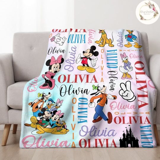 Personalized Watercolor Mickey and Friends Disney Blanket, Custom Name