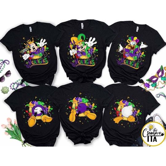 Two-sided Mickey and Friends Mardi Gras Bead Disney Shirt, WDW Disneyland